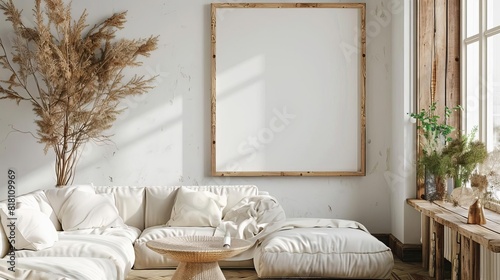 rustic mock up frame in cozy neutral home interior 3d render background