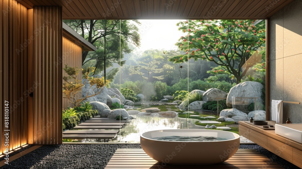 High-quality image of a Japanese-style bathroom with a freestanding tub, wooden wall panels, and a zen garden view High-quality image of a Japanese-style bathroom with a freestanding tub, wooden wall panels, and a zen garden view