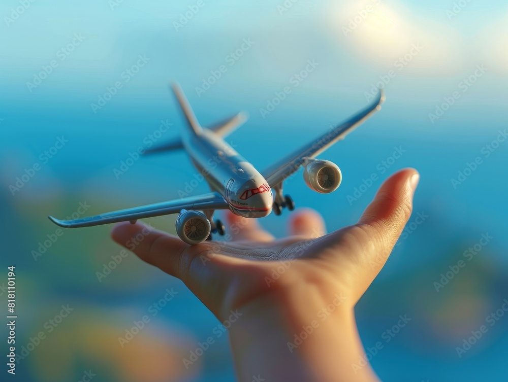 Naklejka premium A close-up of a child's hand holding a toy airplane, with a blurred background of a blue sky Focus on the detail of the toy and the child's dream of flight