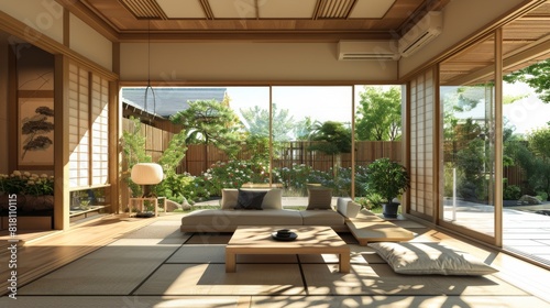 High-quality image of a Japanese-inspired living room with sleek, modern furniture, bamboo accents, and natural light © G.Go