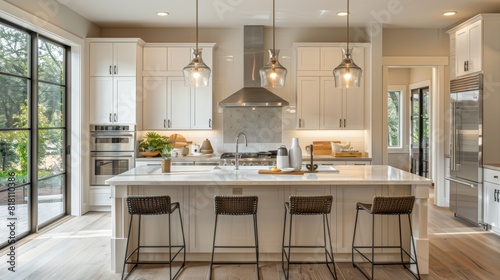 High-quality image of a kitchen with a modern design, featuring a spacious island, quartz countertops, and stainless steel appliances photo