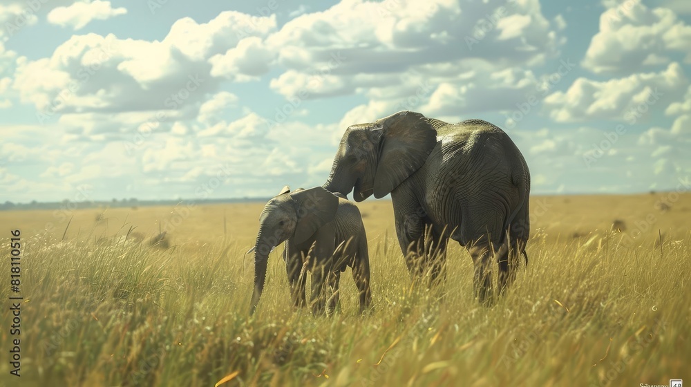 Fototapeta premium savanna serenity adult and juvenile elephants grazing in grasslands of maasai mara national park kenya 8k generative ai