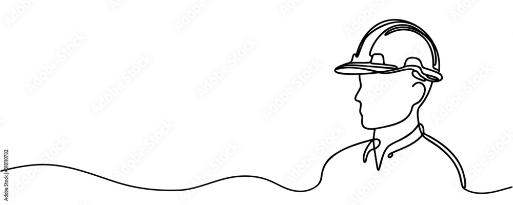 Single continuous line drawing of a young builder. Business concept of building architecture. Single line vector. Single continuous line drawing of a young builder. Business concept of building architecture. Single line vector.