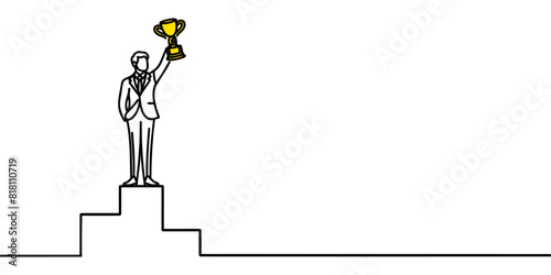 One line drawing of a young businessman in a suit lifting a golden trophy with one hand on a podium