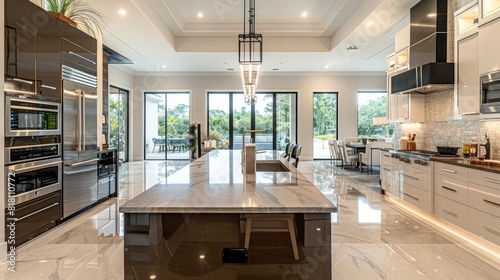 High-quality image of a kitchen with a modern style, featuring a large island, integrated appliances, and sleek cabinetry