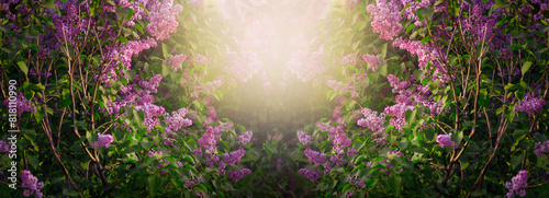Lilacs flowers bloom in spring  fantasy fabulous garden on mysterious fairy tale springtime floral background with sun light, beautiful mystical blooming nature, wide panoramic sunny banner.