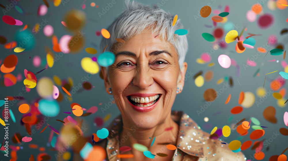 Older woman smiling in front of confetti Older woman smiling in front of confetti