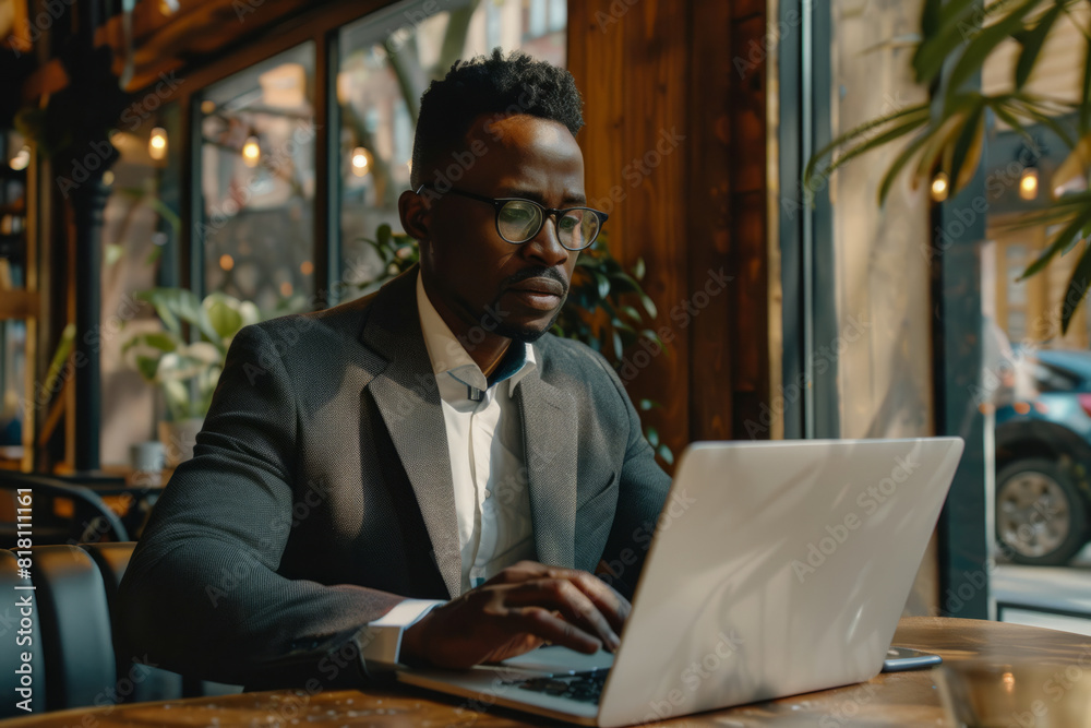 A Black businessman sits in a cafe, typing on his laptop as he embraces the concept of remote and freelance work. Dressed impeccably in a suit and glasses, he exudes professionalism and confidence. A Black businessman sits in a cafe, typing on his laptop as he embraces the concept of remote and freelance work. Dressed impeccably in a suit and glasses, he exudes professionalism and confidence.