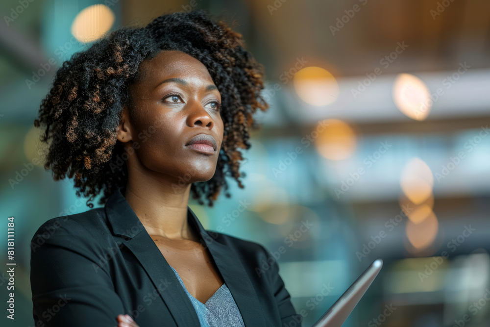 A black entrepreneur business woman is captured in a portrait, taking a brief respite during her busy day in the office, digital tablet in hand. With a serene demeanor, she radiates intelligence and A black entrepreneur business woman is captured in a portrait, taking a brief respite during her busy day in the office, digital tablet in hand. With a serene demeanor, she radiates intelligence and