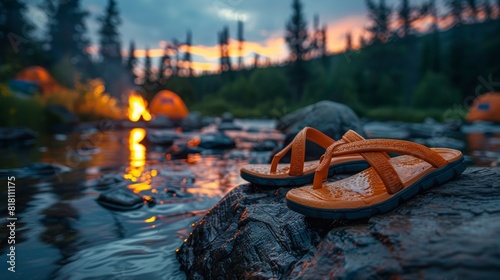 Two pairs of boots are sitting on a rock next to a campfire photo