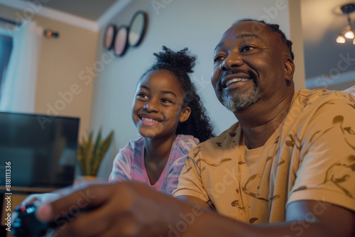 A Black father and daughter enjoy a gaming session together in the living room of their home. Their faces light up with happiness as they engage in friendly competition and teamwork, strengthening photo