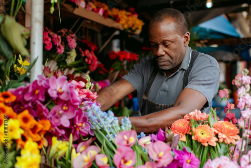 A Black florist arranging vibrant blooms at his flower stall, showcasing his craftsmanship and passion for floral artistry. © AI_images