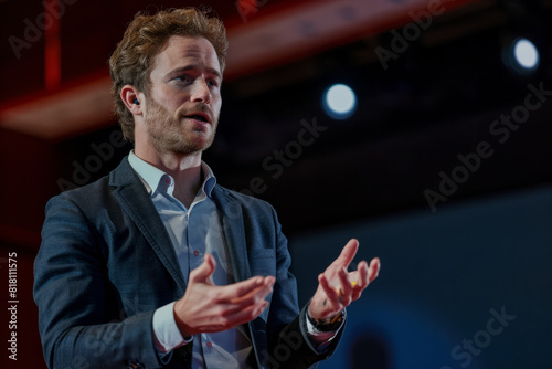 A Caucasian business executive, delivering a TED talk on the future of work and the importance of adaptability in the face of technological disruption, sharing insights and strategies to thrive in an photo