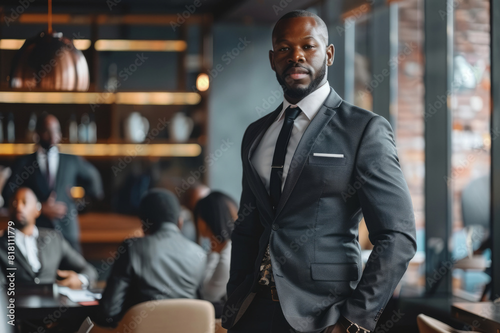 Fototapeta premium A confident African American businessman, standing tall in a modern office space, leading a team meeting with charisma and authority, his sharp suit and commanding presence exuding professionalism.