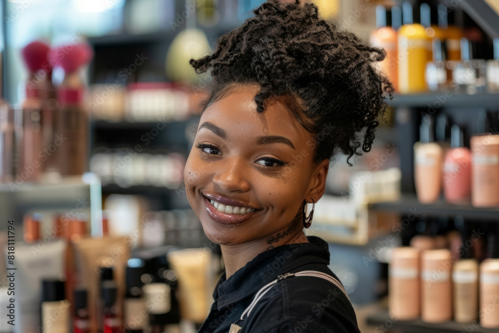 A confident African American woman selling cosmetics, her warm smile and expertise guiding customers to find the perfect products for their skin tones and preferences. A confident African American woman selling cosmetics, her warm smile and expertise guiding customers to find the perfect products for their skin tones and preferences.