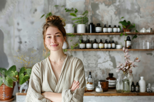 A Caucasian woman with a passion for sustainability, curating an eco-friendly collection of natural cosmetics, prioritizing organic ingredients and minimal packaging to reduce environmental impact.
