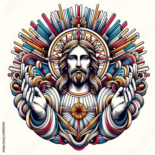 A colorful drawing of a jesus christ with his hands in the air has illustrative harmony art used for printing.