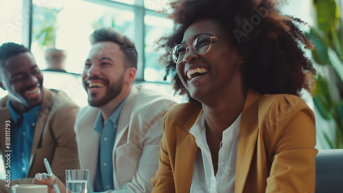 Business people laughing at a meeting