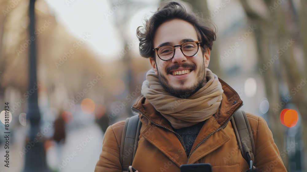 Man wearing glasses and scarf walking down street Man wearing glasses and scarf walking down street