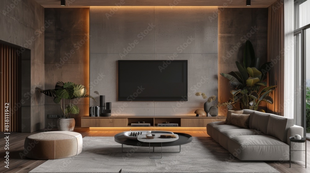 Fototapeta premium High-quality image of a minimalist living room with a floating media unit, sleek furniture, and a serene ambiance