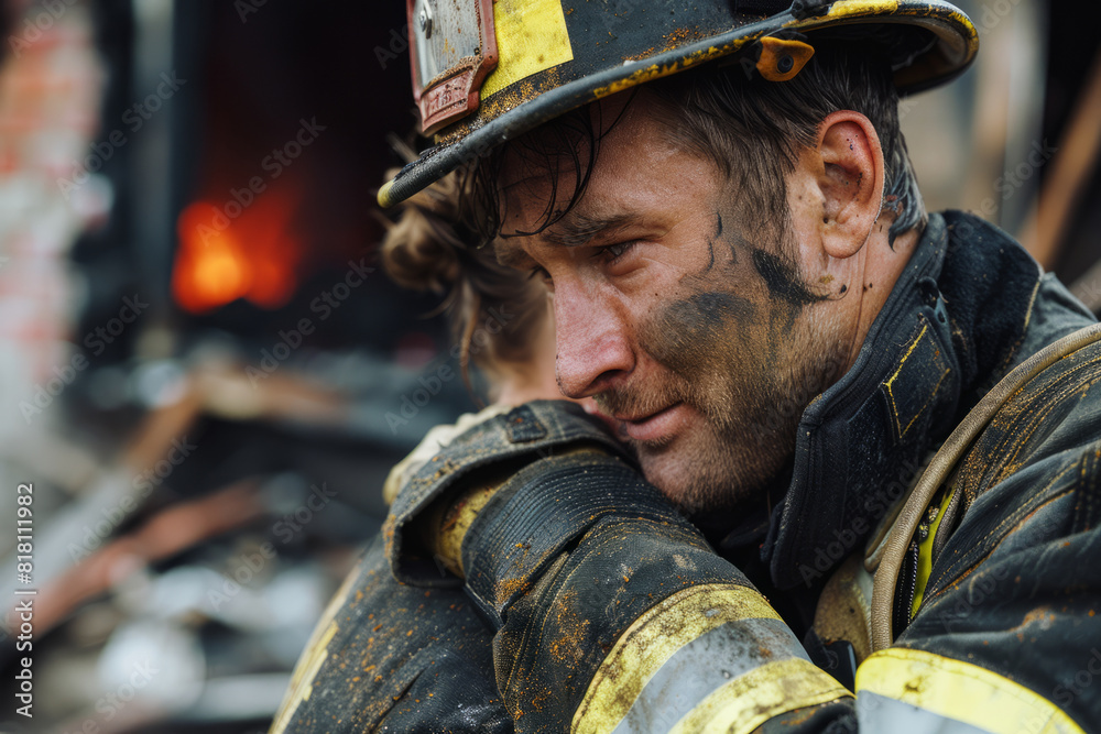 A firefighter comforting a distraught victim of a house fire, offering reassurance and support amidst the chaos, his compassion and empathy providing solace in a moment of crisis. A firefighter comforting a distraught victim of a house fire, offering reassurance and support amidst the chaos, his compassion and empathy providing solace in a moment of crisis.