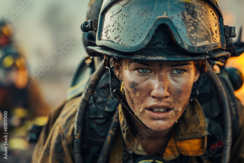 A determined woman firefighter undergoing rigorous training exercises, her resilience and determination driving her to push beyond her limits and prepare herself for the demanding challenges of the