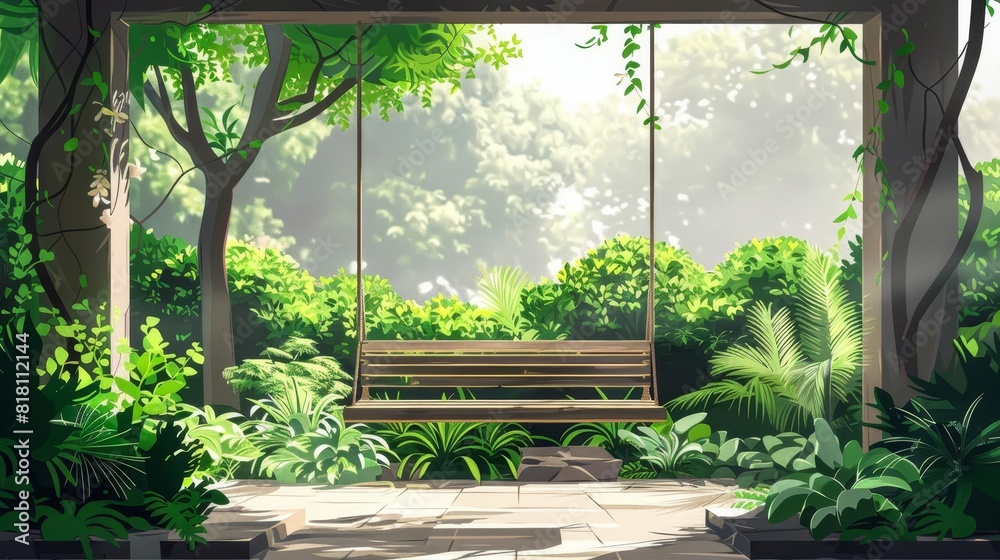 serene garden retreat cozy wooden swing in lush backyard with vibrant greenery concept illustration serene garden retreat cozy wooden swing in lush backyard with vibrant greenery concept illustration