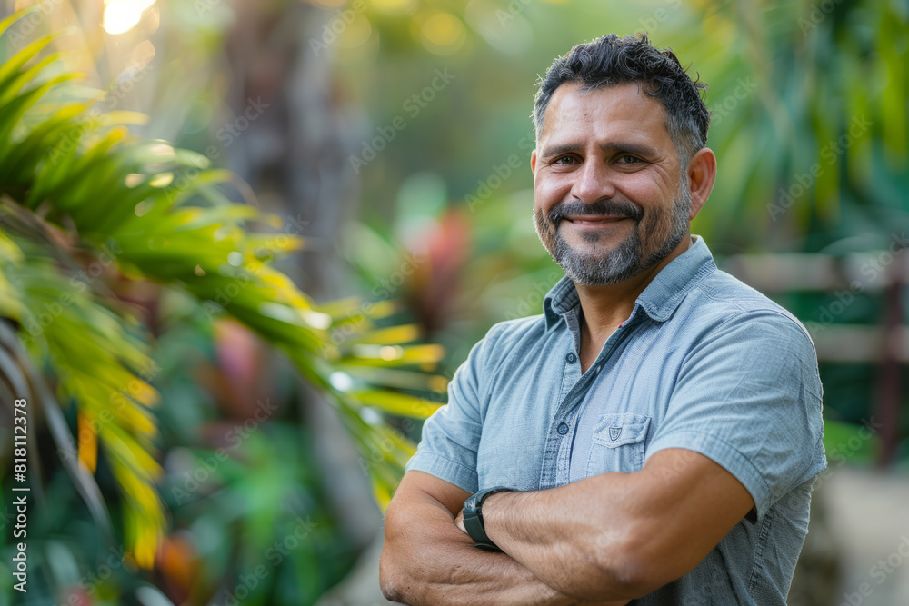 A Hispanic businessman, leading a team-building excursion to a remote eco-resort, fostering teamwork and resilience through adventure sports and immersive cultural experiences, his inclusive A Hispanic businessman, leading a team-building excursion to a remote eco-resort, fostering teamwork and resilience through adventure sports and immersive cultural experiences, his inclusive