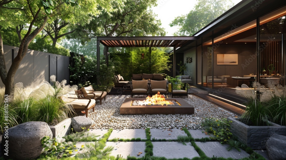 High-quality image of a modern home garden with a streamlined fire pit, comfortable seating, and tall grass accents