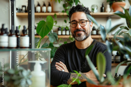 A Hispanic man championing sustainability in the cosmetics industry, leading by example with his eco-friendly line of natural skincare products that prioritize organic ingredients and minimal photo
