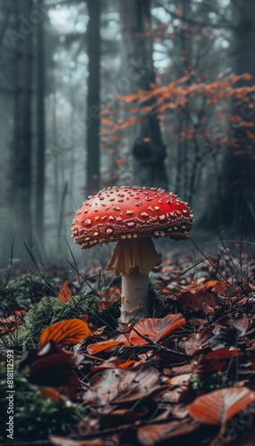 Lonely toadstool in forest