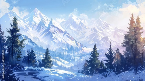 serene mountain landscape with snowcovered peaks and evergreen trees digital painting