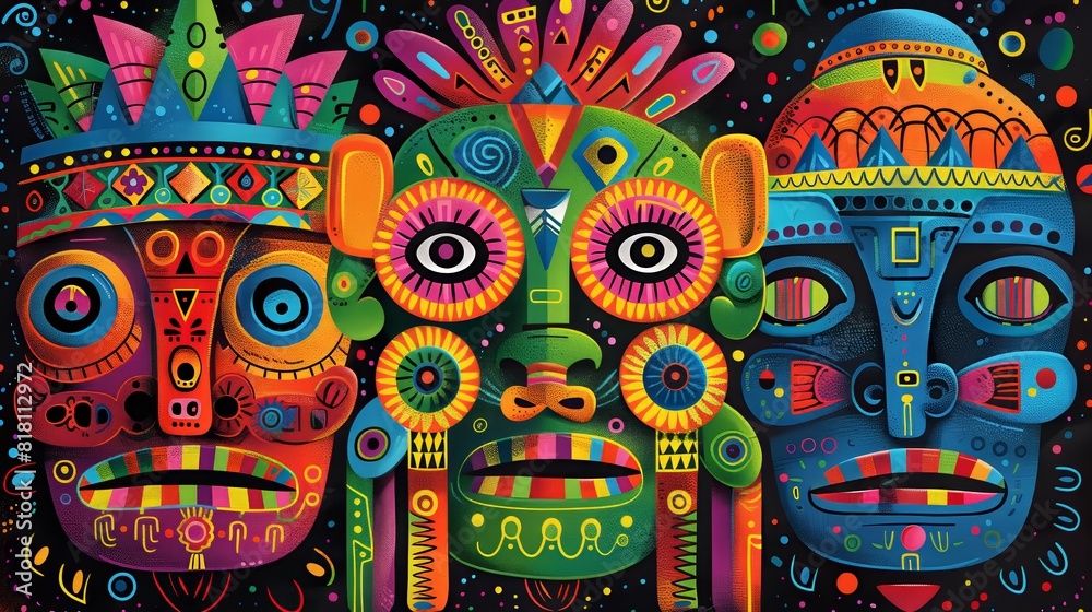 Illustration that has a folkloric figure of faces and was inspired by the ancient culture.