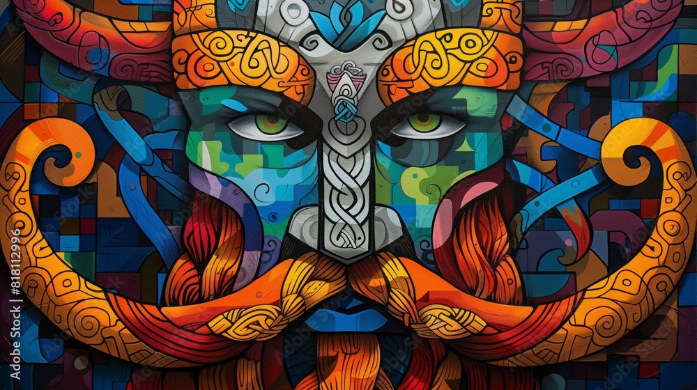 Colorful illustration inspired by ancient culture of the Vikings.