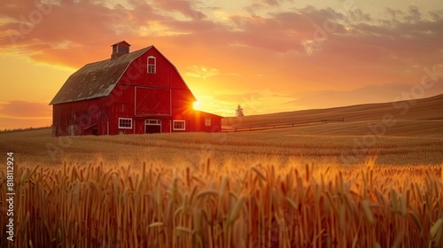 serene red barn amidst golden wheat fields at sunset embodying the tranquility of rural life