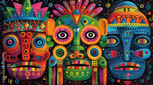 Illustration that has a folkloric figure of faces and was inspired by the ancient culture.
