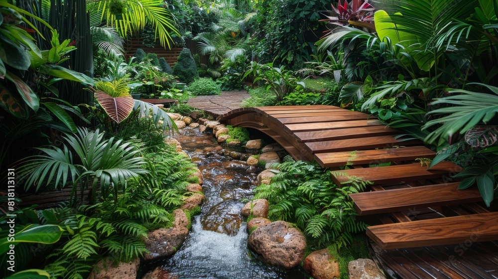 Home garden designed like a forest, featuring a wooden bridge over a small stream and dense foliage Home garden designed like a forest, featuring a wooden bridge over a small stream and dense foliage