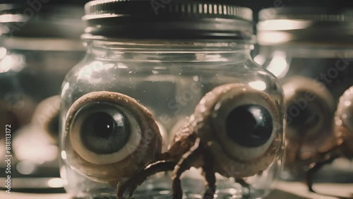 Pair of big moving eyes in a jar in a laboratory. Alien creature or mutated animal. Scientific experiment or an alien body part. Sci-fi horror movie clip. Cinematic style footage.  photo