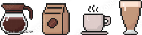 coffee pixel art icon set, coffee pot, beans, mug, latte, cappuccino, 80s, 90s old arcade games style, items for video game, app, social media and more, vector illustration