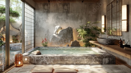 Japanese bathroom with a low-profile soaking tub, stone sink, and tatami mats