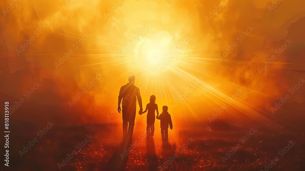 silhouette of faithful family walking towards divine light inspirational spiritual journey illustration silhouette of faithful family walking towards divine light inspirational spiritual journey illustration