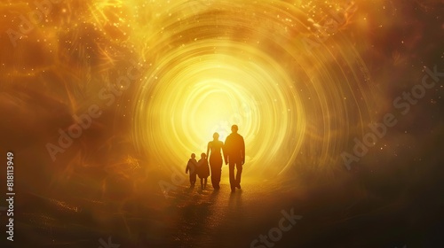 silhouette of faithful family walking towards divine light inspirational spiritual journey illustration photo