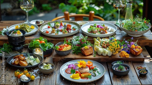 food, meal, gourmet, fine dining, restaurant, delicious, appetizing, presentation, art, artistic, colorful, vibrant, details, intricate, professional, chef, culinary, rustic, wooden table, setting, 