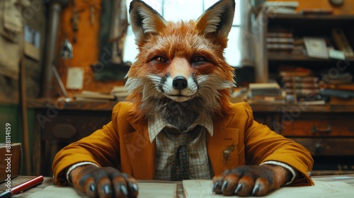 A detailed and realistic portrayal of an MVP person in an office, donning a lifelike fox costume © 2D_Jungle