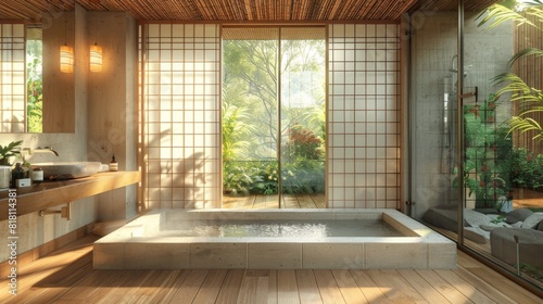 Japanese-style bathroom with a deep soaking tub  bamboo flooring  and shoji screen partitions