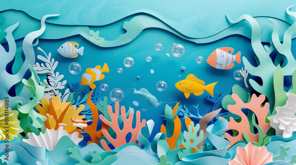 Artistic Underwater Illustration with Coral Reefs and Tropical Fish in a Papercut Style