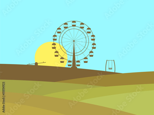 Landscape with the silhouette of a Ferris wheel and a swing in the distance. Hilly landscape in a minimalist style. Design for covers, wallpapers and banners. Vector illustration