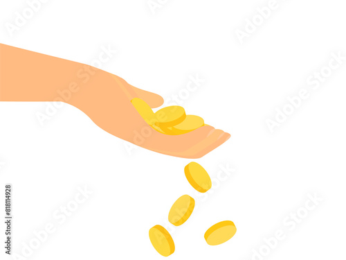 Coins on the palm isolated on a white background. Gold coins fall from the palm. A hand holds a handful of coins. Design for print, banners and promotional products. Vector illustration