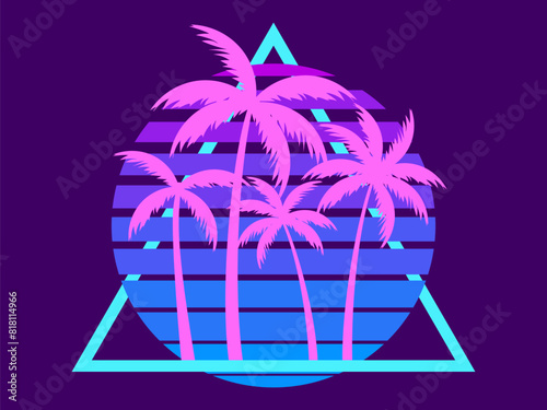 80s retro sci-fi palm trees on a sunset. Retro futuristic sun with palm trees in a triangular frame. Synthwave style. Design for advertising brochures, banners and posters. Vector illustration