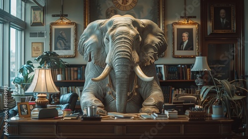 A vivid depiction of an MVP person in an office environment, adorned in a detailed and realistic elephant costume